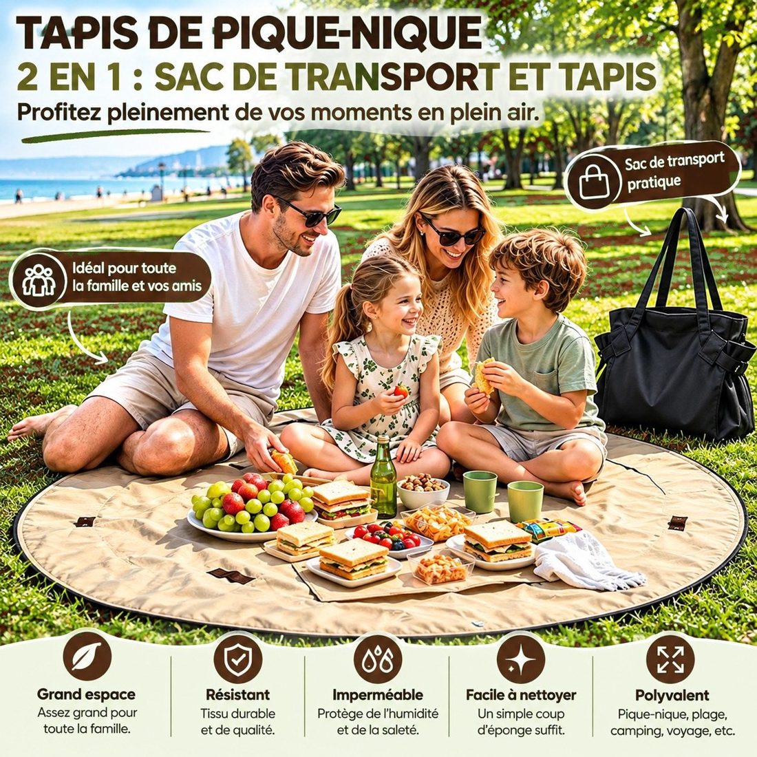 Tapis de pique-nique 2 en 1, idéal pour toute la famille