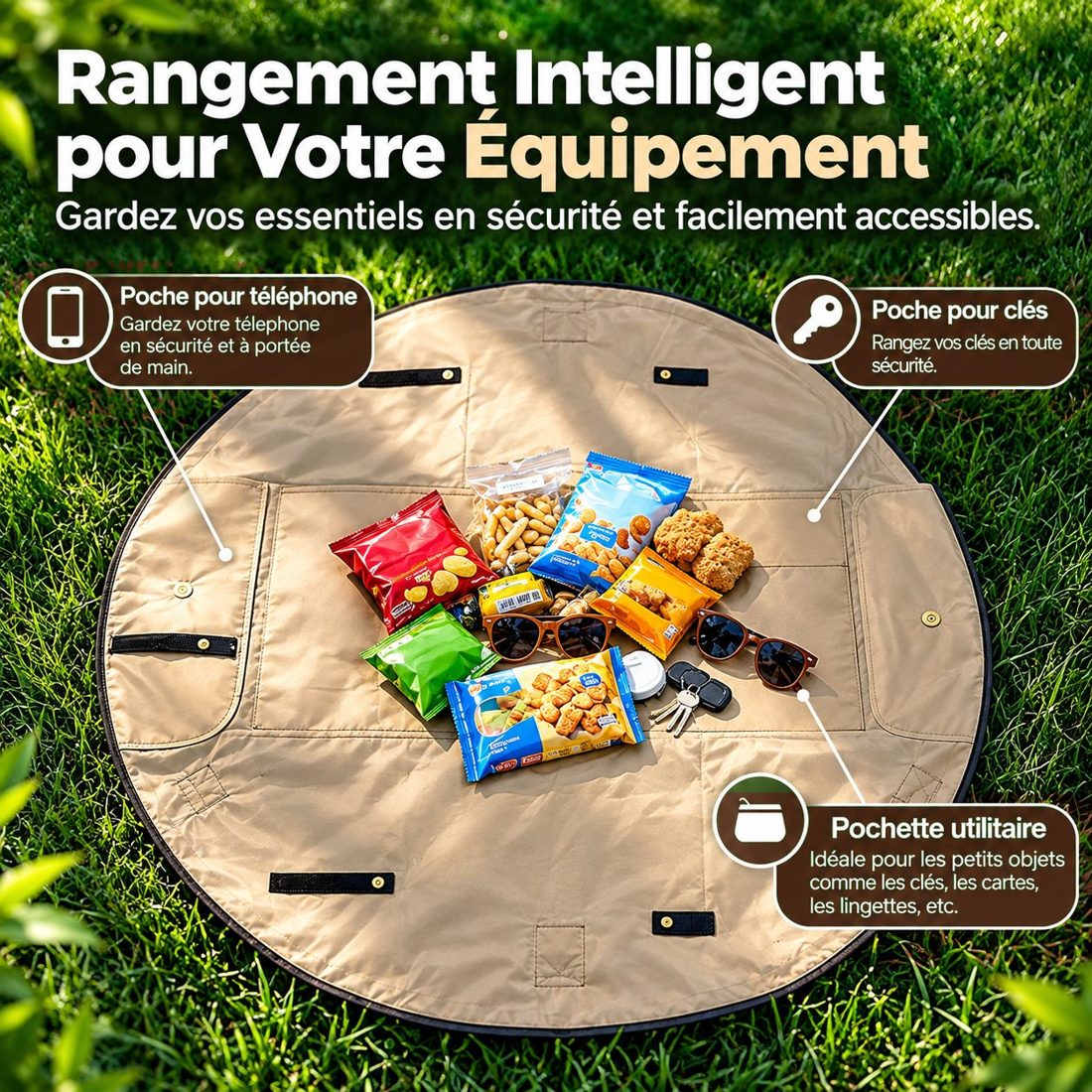Le tapis à plat, vu de dessus, et les détails : poignée, fermeture magnétique, poche téléphone, porte-clés