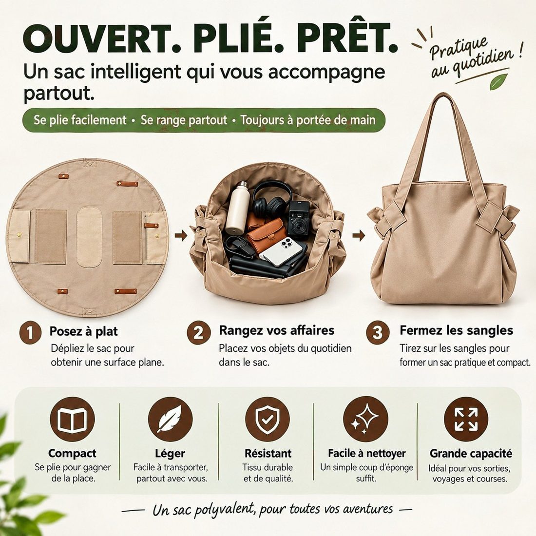 Ouvert, plié, prêt : le sac se déploie et se referme en quelques secondes