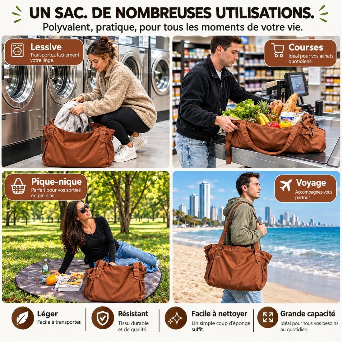 Un sac, de nombreuses utilisations : lessive, courses, pique-nique, voyage