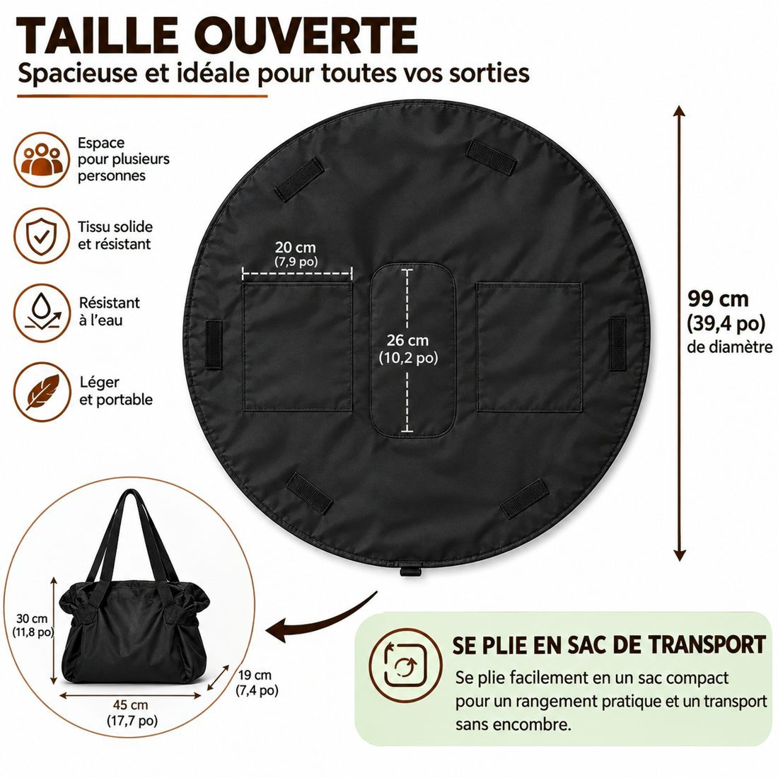 Le tapis circulaire posé à plat, vu de dessus, avec ses cotes et rangements