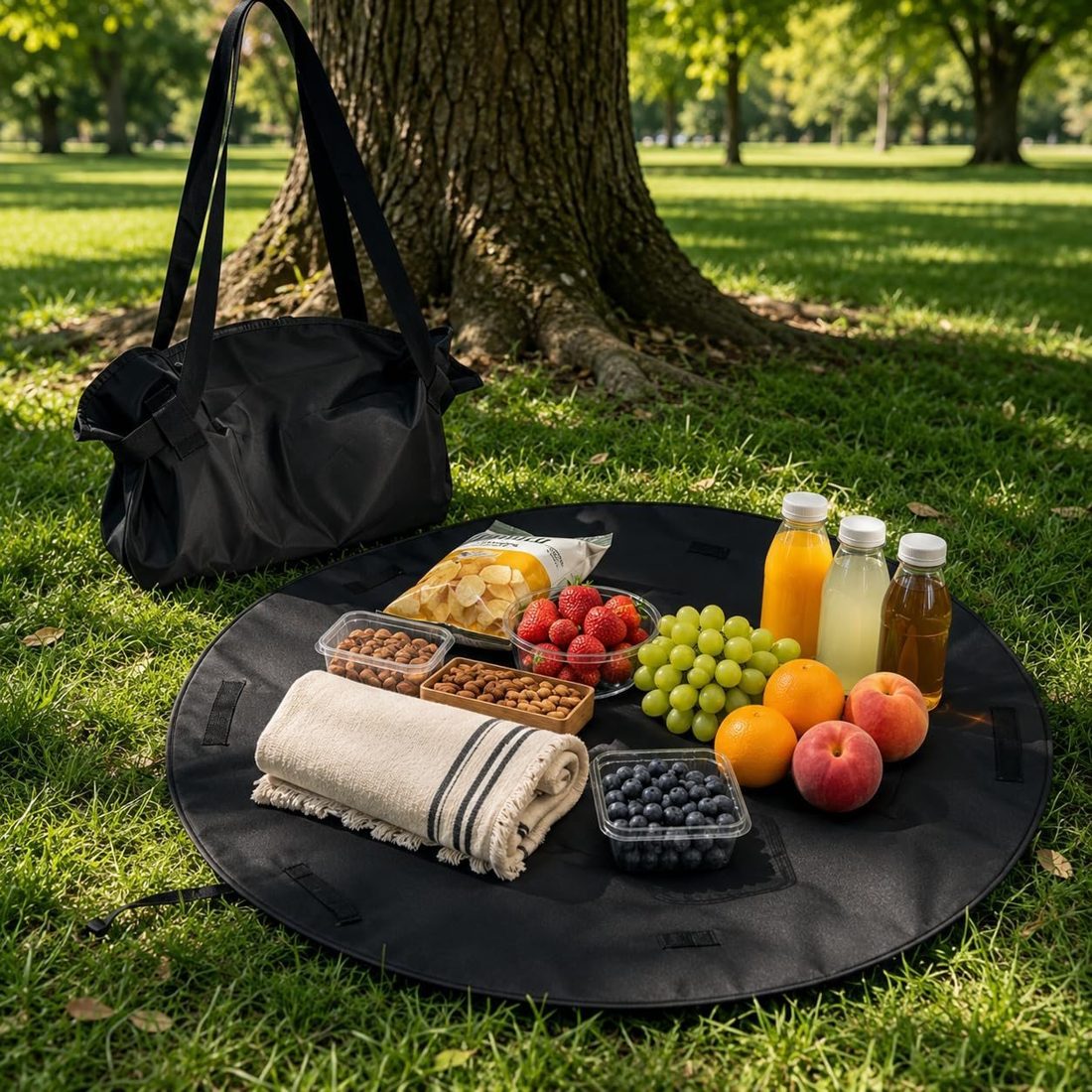Le tapis chargé de provisions pour le pique-nique